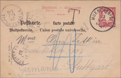 Bavière: 1897, entier de Munich à Stuttgart avec post-taxe