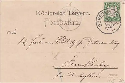 Bavière: 1899, carte postale de Ochsenfurt à Frankenberg MINR. 61xI