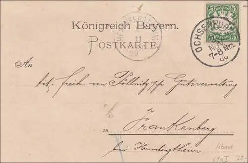 Bayern: 1899, Postkarte von Ochsenfurt nach Frankenberg MiNR. 61xI