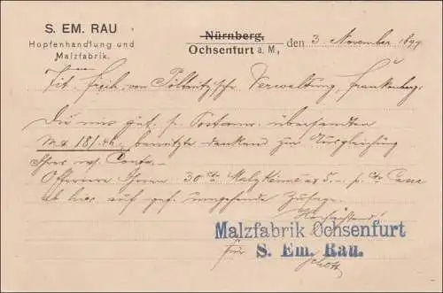 Bavière: 1899, carte postale de Ochsenfurt à Frankenberg MINR. 61xI