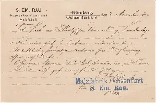 Bayern: 1899, Postkarte von Ochsenfurt nach Frankenberg MiNR. 61xI