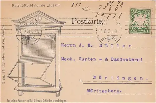 Bavière: 1910, carte postale de Munich à Nürtingen, volets roulants, stores