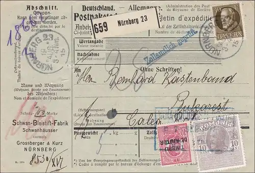 Bayern: 1915, Postpaketkarte Nürnberg nach Bukarest -rumänische Zusatzfrankatur
