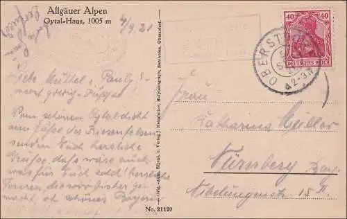 Bavière: 1921, carte postale Allgäuer Alpen, Oytal-Haus vers Nuremberg