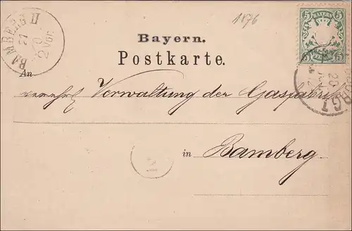 Bavière: 1876, carte postale dans le trafic local Bamberg