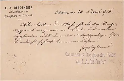 Bayern: 1876, Postkarte Augsburg nach Bamberg