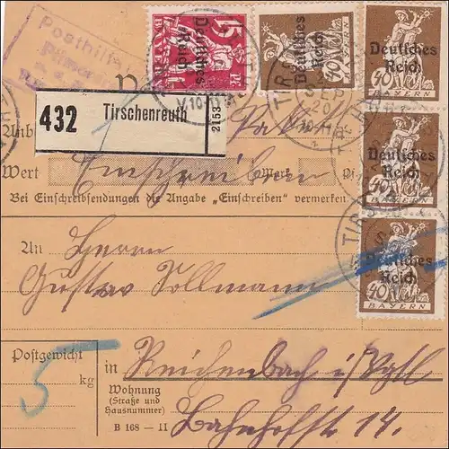 Bavière: 1920 Carte colis Tirschenreuth avec service postal: cachet rare