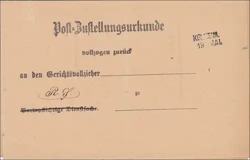 Bavière: 1885, certificat de livraison postale de Kelheim vers Wettenburg