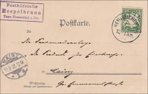 Bayern: 1912, Postkarte Schloss Mespelbrunn (Posthilfsstelle) nach Mainz