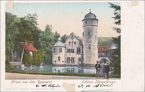 Bayern: 1912, Postkarte Schloss Mespelbrunn (Posthilfsstelle) nach Mainz