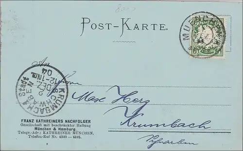 Bayern: 1904, Postkarte von München nach Krumbach Stadt