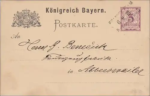 Bayern: 1883, Postkarte von Frankfurt/M nach Albersweiler