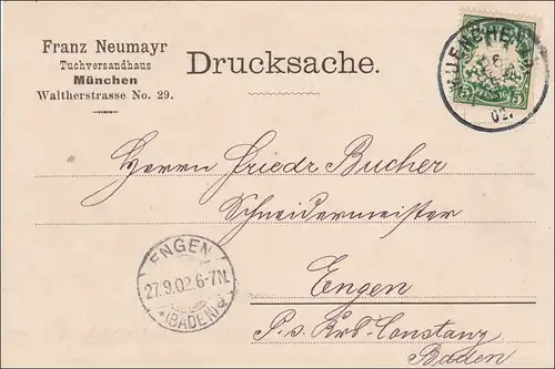 Bayern: 1902, Drucksache Postkarte von München nach Engen - Tuchversandhaus