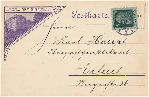 Bayern: 1912 Postkarte von München nach Erfurt - Lebensversicherung Arminia