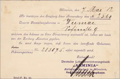 Bavière: 1912 Carte postale de Munich à Erfurt - Assurance vie Arminia