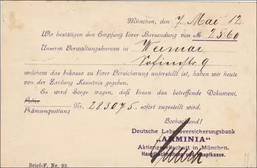 Bayern: 1912 Postkarte von München nach Erfurt - Lebensversicherung Arminia