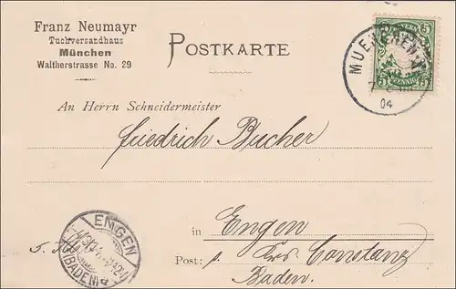 Bayern: 1904, Postkarte Tuchversandhaus München nach Engen