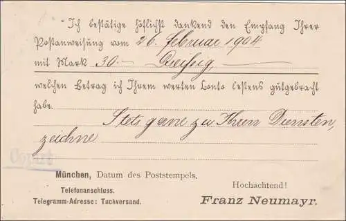 Bavière: 1904, carte postale Tuchverfahrenhaus Munich vers Engen