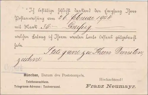 Bayern: 1904, Postkarte Tuchversandhaus München nach Engen