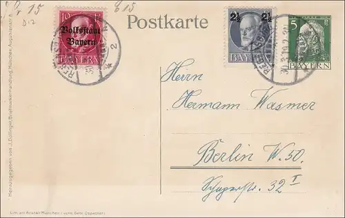Bayern:  Ganzsache Regensburg - Berlin 1919