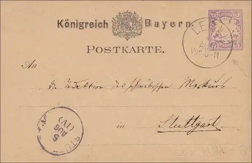 Bayern:  Ganzsache  Königreich von Rottmannshöhe/Leoni 1879 nach Stuttgart