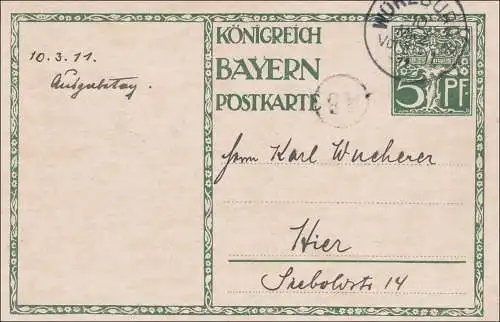 Bayern:  Ganzsache  1911 innerhalb von Würzburg