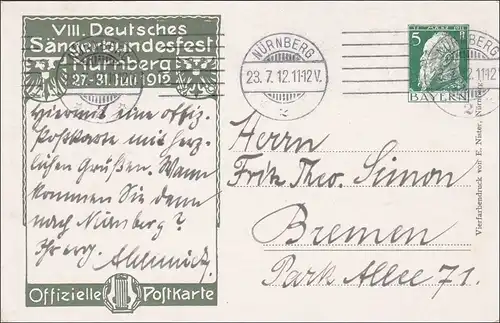 Bavière: Affaire 1912 VIII. Deutsches Zangerbundfest à Nuremberg