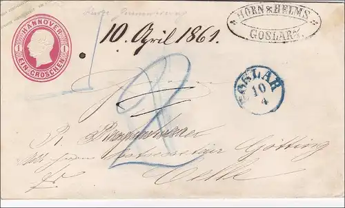 Hannover: Briefumschlag von Goslar nach Celle 1861, Siegel rückseitig erhalten