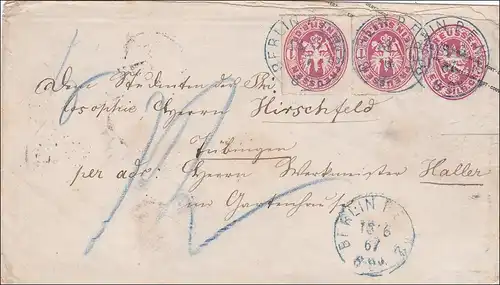 Prusse: Enveloppe complète de Berlin à Tübingen 1867