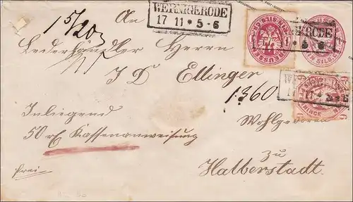 Preussen: Ganzsachenumschlag Wernigerode nach Halberstadt