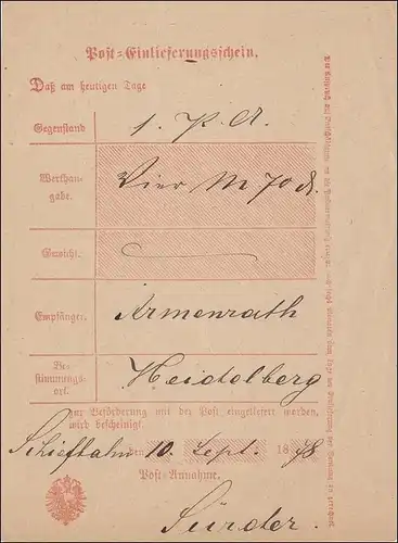 Preussen: Einlieferungsschein von Schiefbahn 1878