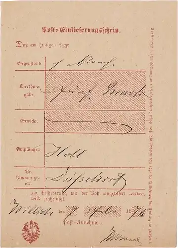 Preussen: Einlieferungsschein von Willich 1876