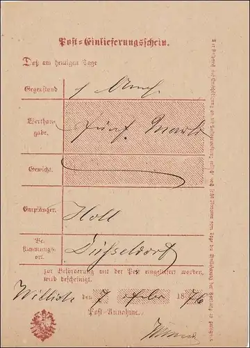 Prusse: lettre d'entrée de Willich 1876