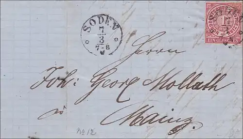 Thurn und Taxis: Brief von Soden nach Mainz 1869 mit Text