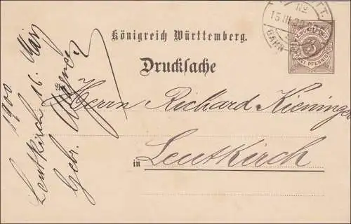 Württemberg: Ganzsache Drucksache von Reutlingen - Bahnpost nach Leutkirch 1900