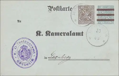 Württemberg: Postkarte Mönsheim an das Kameralamt Leonberg 1908