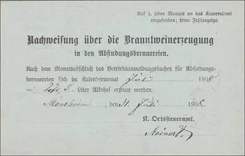 Württemberg: Postkarte Mönsheim an das Kameralamt Leonberg 1908