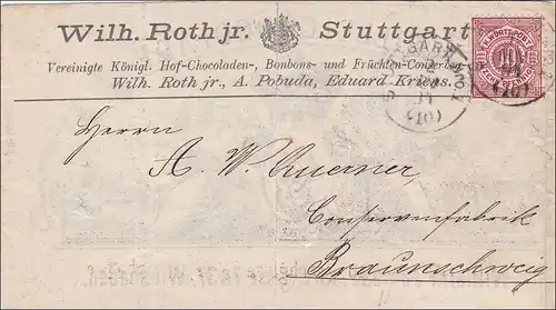 Wurtemberg: Lettre de Stuttgart à Braunschweig 1894, chocolat Bonbon