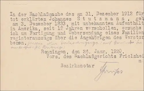Württemberg:  Postkarte Renningen nach Friolsheim 1920