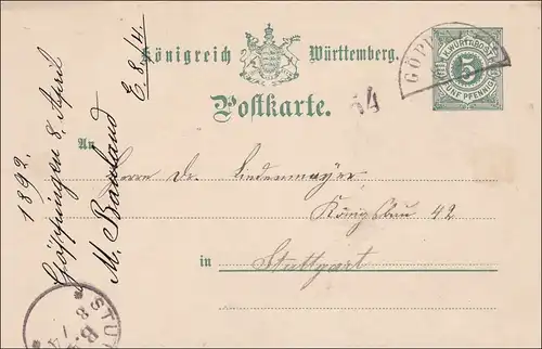 Württemberg:  Postkarte von Göppingen nach Stuttgart1892