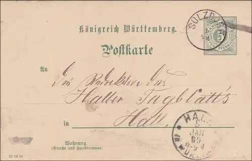 Württemberg:  Ganzsache von Sulzdorf nach Hall 1869