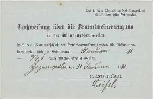 Württemberg: Ganzsache Zogenweiler Weingarten 1911, Meldung Branntweinerzeugung