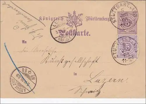 Württemberg:  Ganzsache von Stuttgart nach Luzern 1866