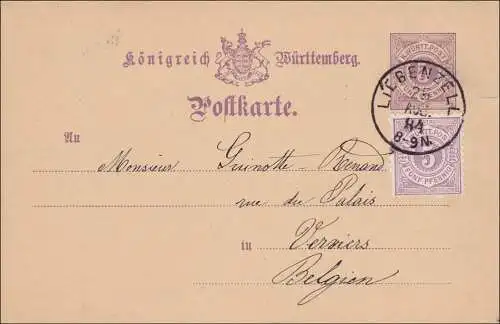 Württemberg:  Ganzsache von Liebenzell nach Belgien 1884