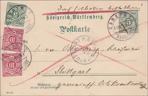 Württemberg:  Ganzsache von Canstatt nach Stuttgart - Bote bezahlt  1893