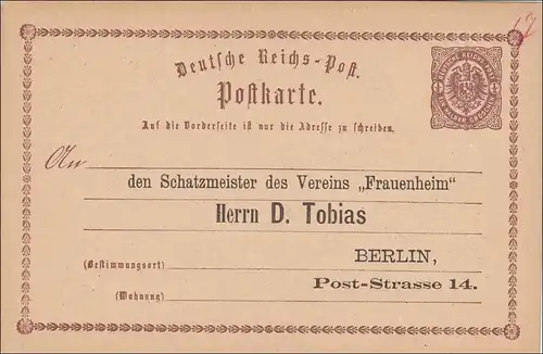 Ganzsache/Postkarte mit Adresse eingedruckt Berlin  Verein Frauenheim