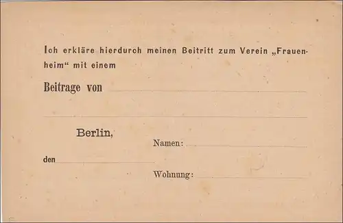 Ganzsache/Postkarte mit Adresse eingedruckt Berlin  Verein Frauenheim