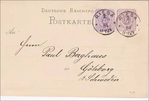 Ganzsache von Riesa nach Göteburg 1884