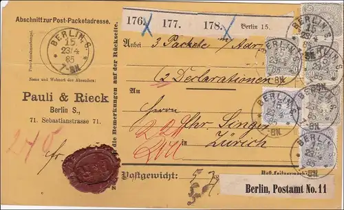 Carte de paquets pour 3 paquetages livrés de Berlin à Zurich 1885