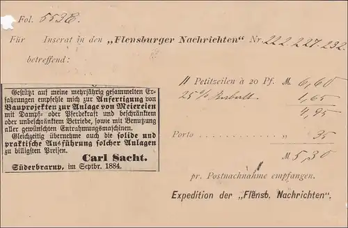 Ganzsache als Nachnahme von Flensburg nach Süderbrarup 1884